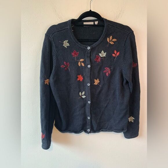 croft & barrow Sweaters - Croft & Barrow Black Fall Autumn Leaf Cardigan size PM